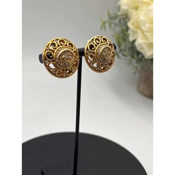 Oscar de la Renta Vintage Signed  Gold Tone Logo Pave Crystal Button Earrings - Picture 3 of 9